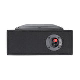 Black car audio subwoofer box with brand logo on a white background