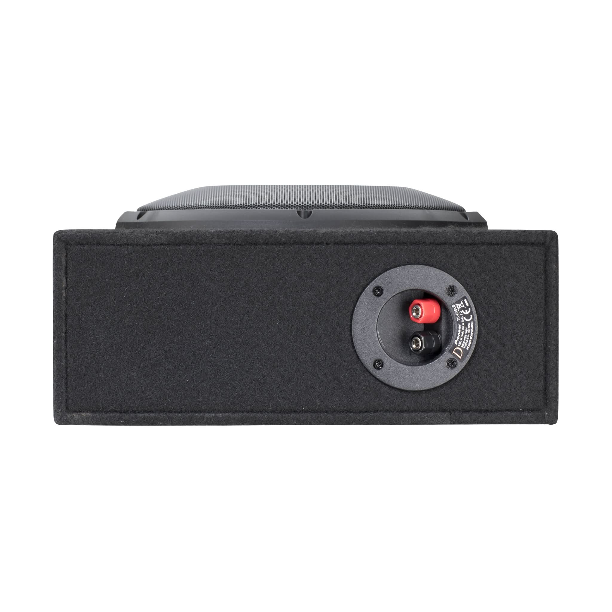Black car audio subwoofer box with brand logo on a white background
