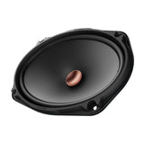 Car speaker with a black cone and copper voice coil on a white background
