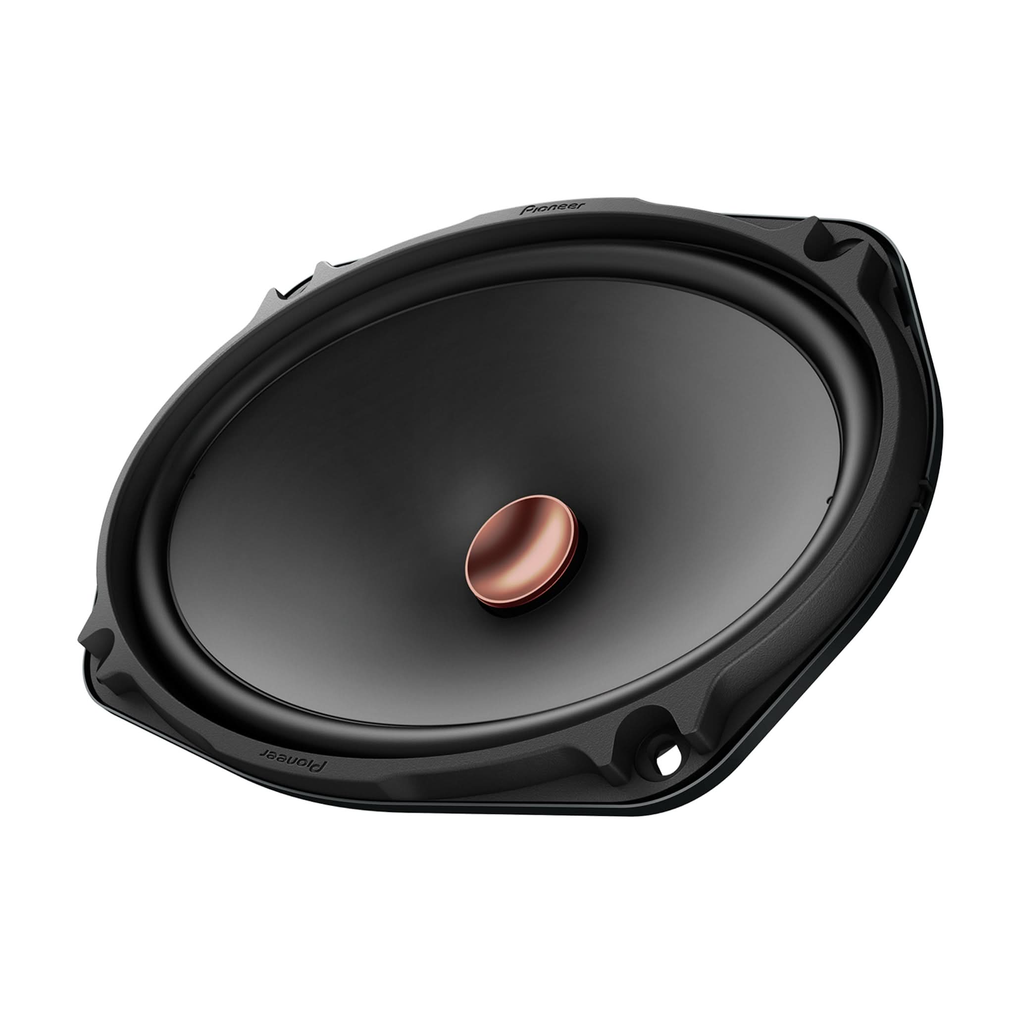 Car speaker with a black cone and copper voice coil on a white background