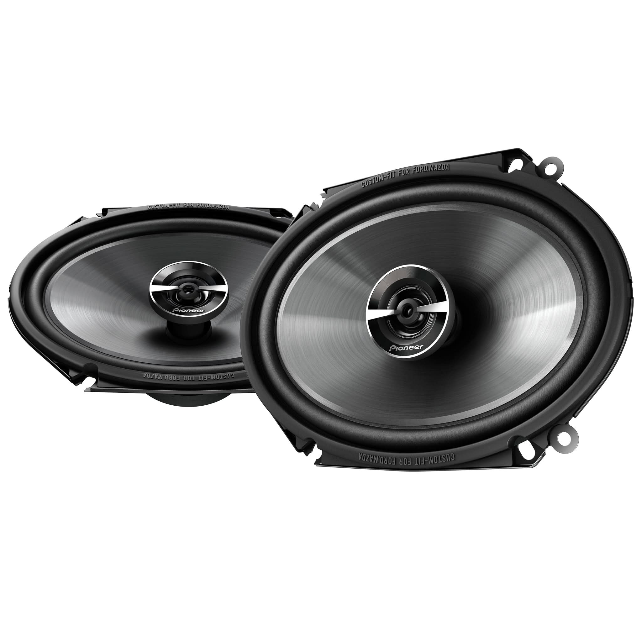 Pair of Pioneer car speakers on a white background