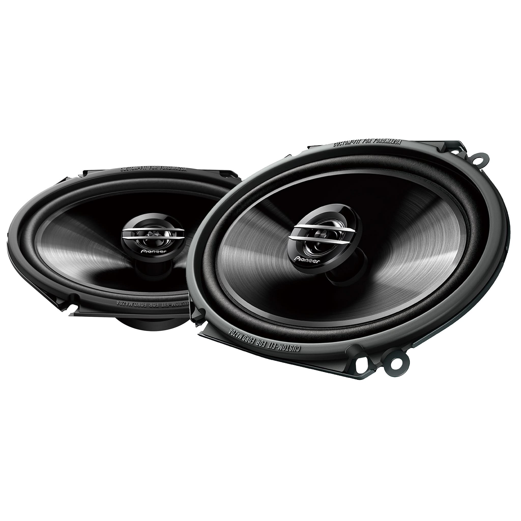 Pair of Pioneer car speakers on a white background