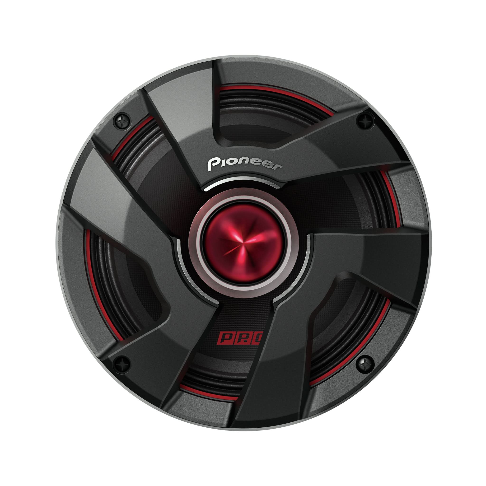 Pioneer car speaker with black and red design on a white background