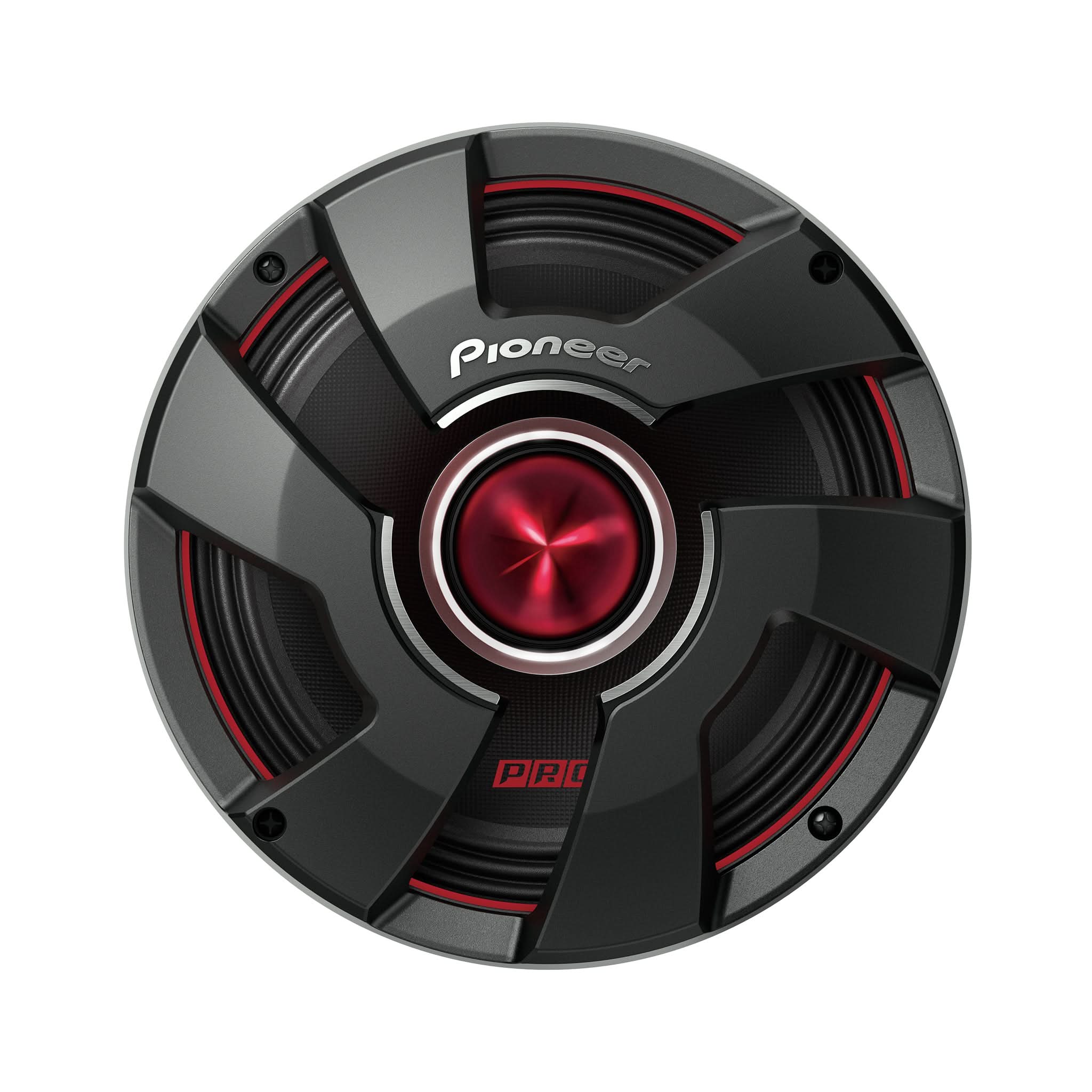 Pioneer car speaker with black and red design on a white background