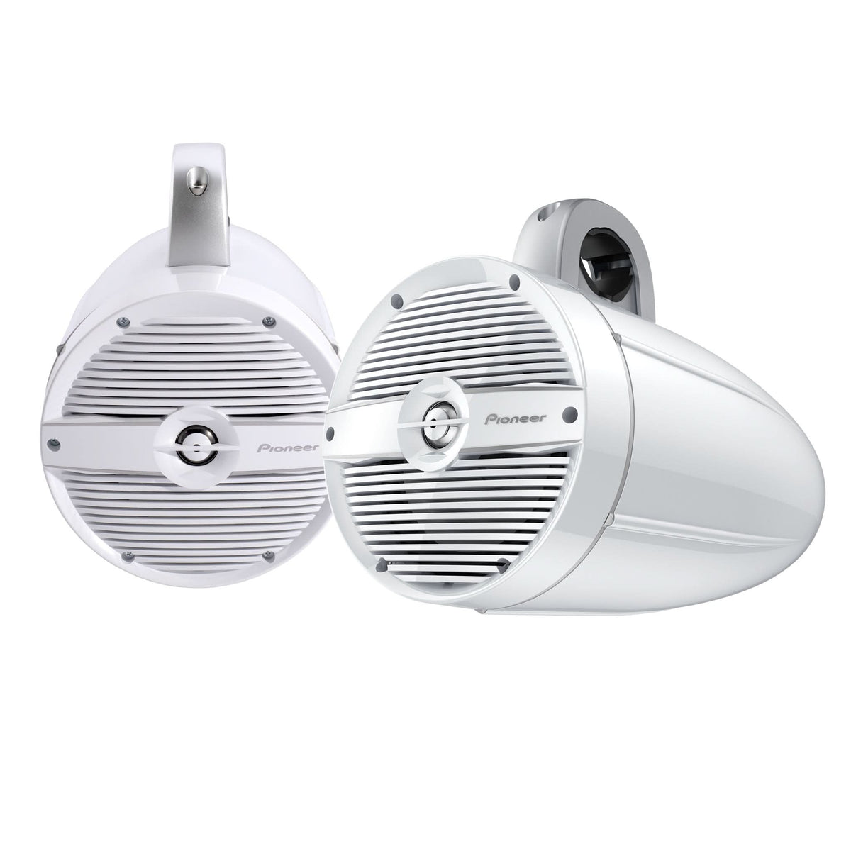 Pair of Pioneer speakers on a white background