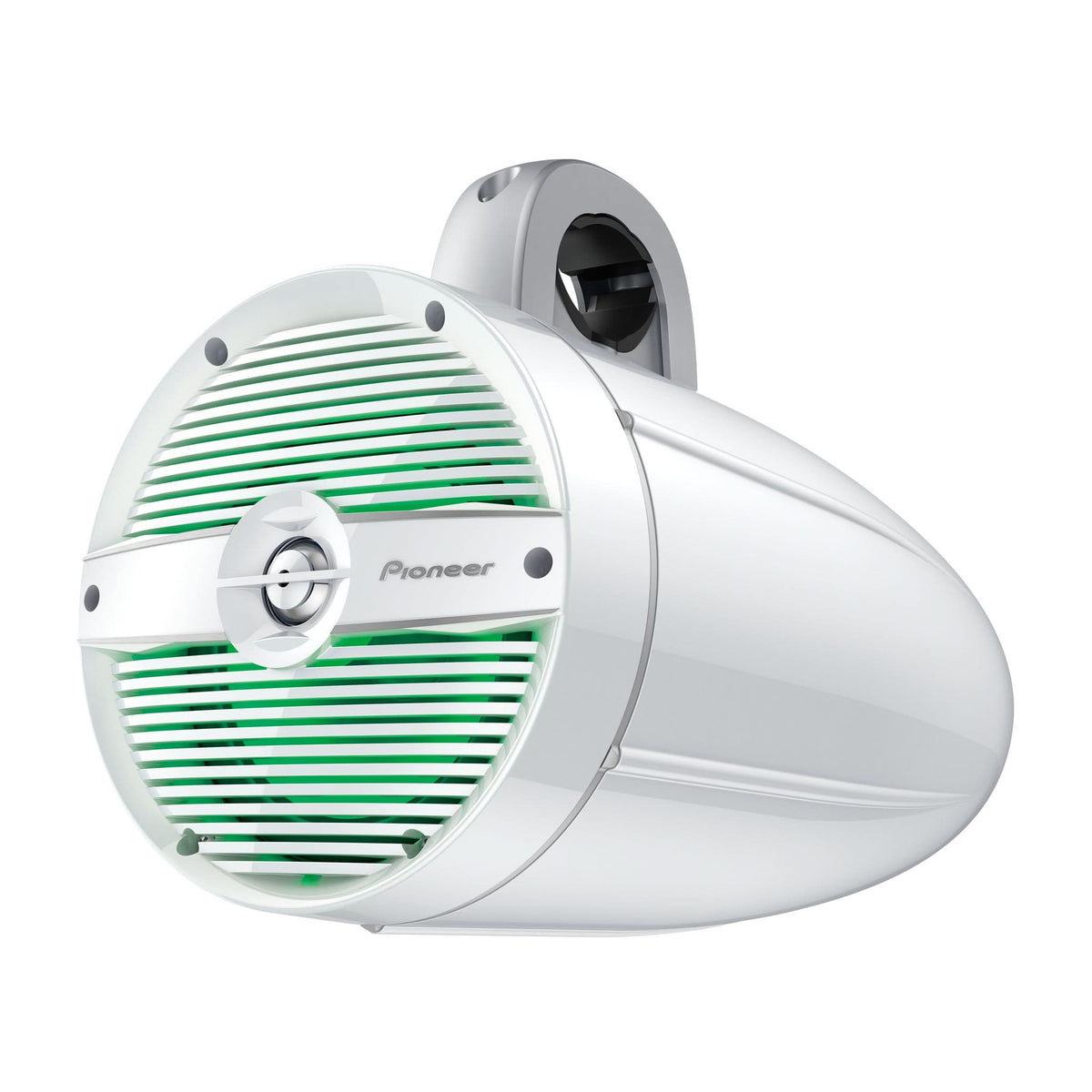 Pioneer marine speaker with white housing and green grill on a white background