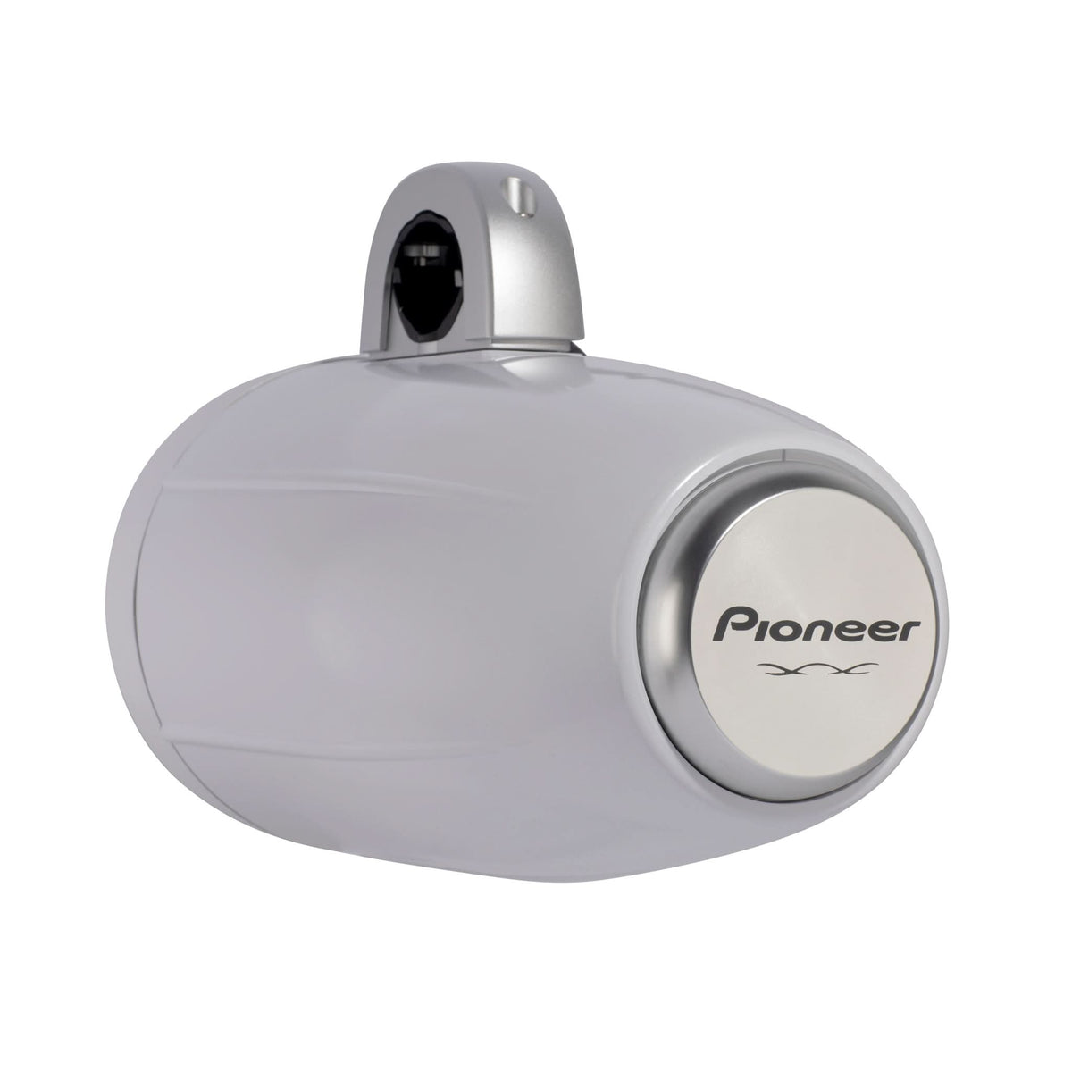 Gray shower head with Pioneer branding on a white background