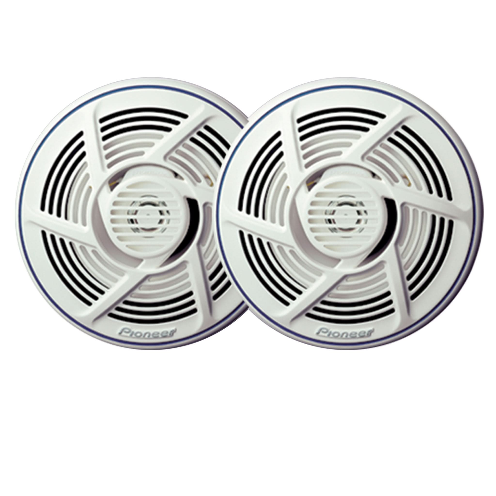 Two Pioneer speakers on a white background
