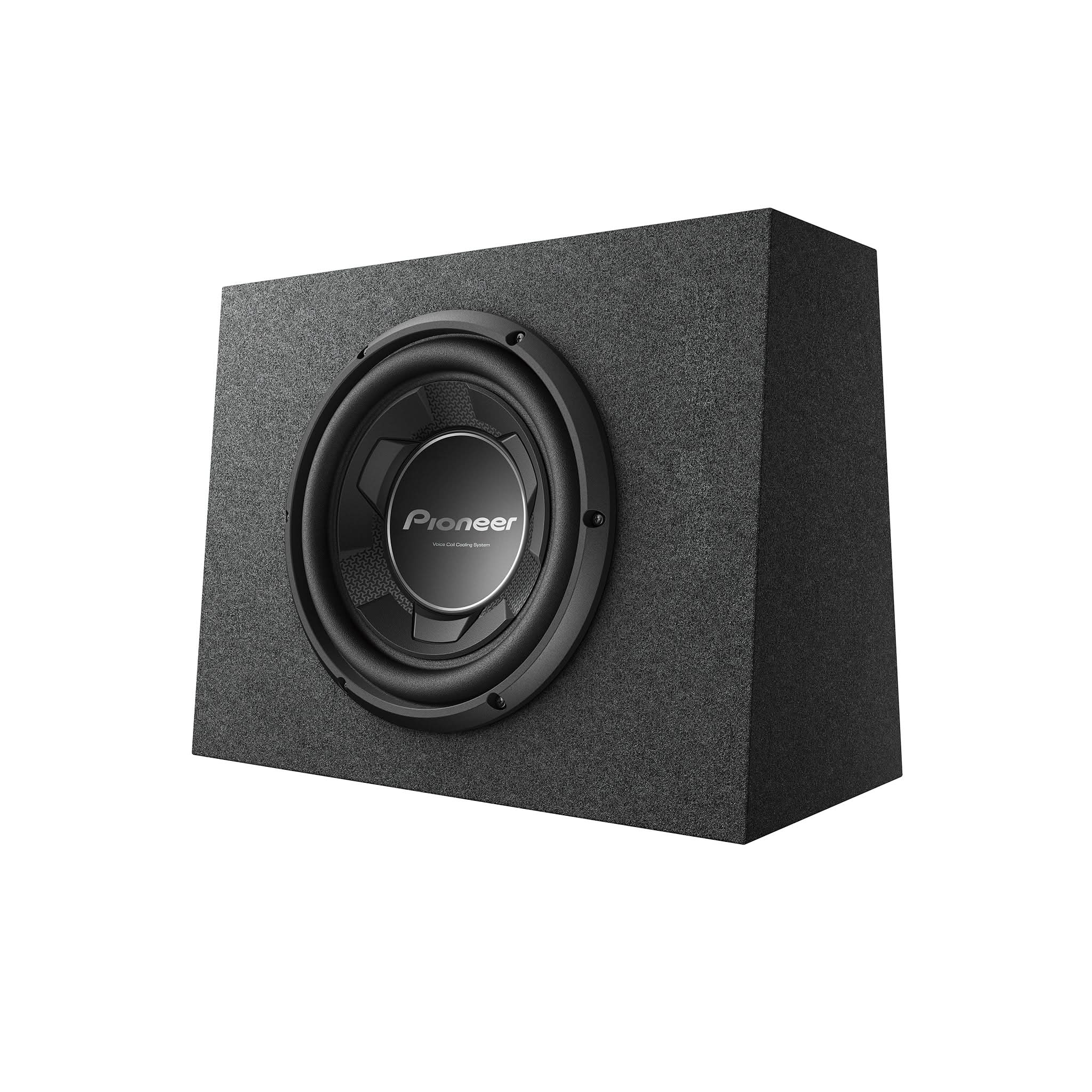 Pioneer car subwoofer in a enclosure on a white background