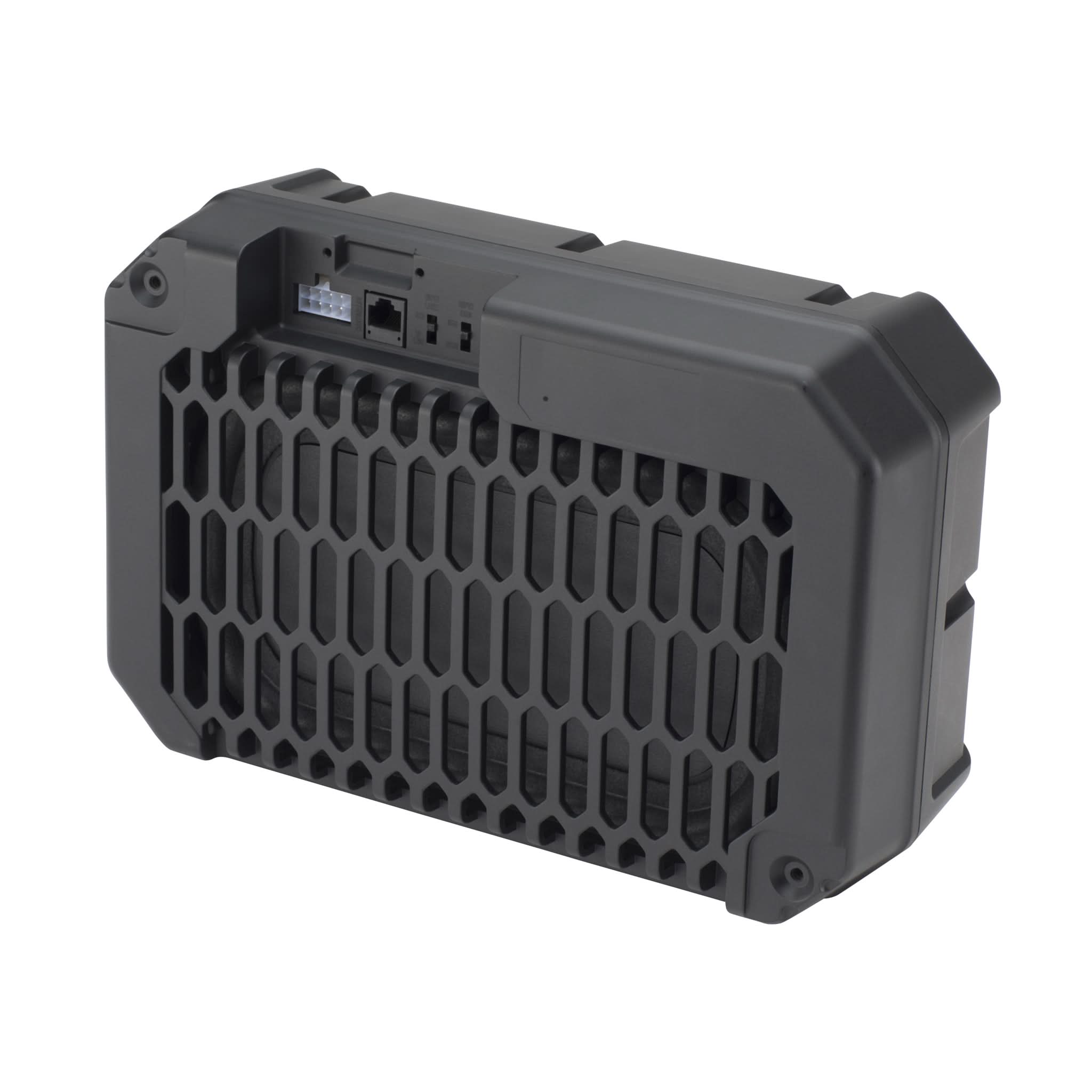 Black subwoofer back view with honeycomb pattern on a white background