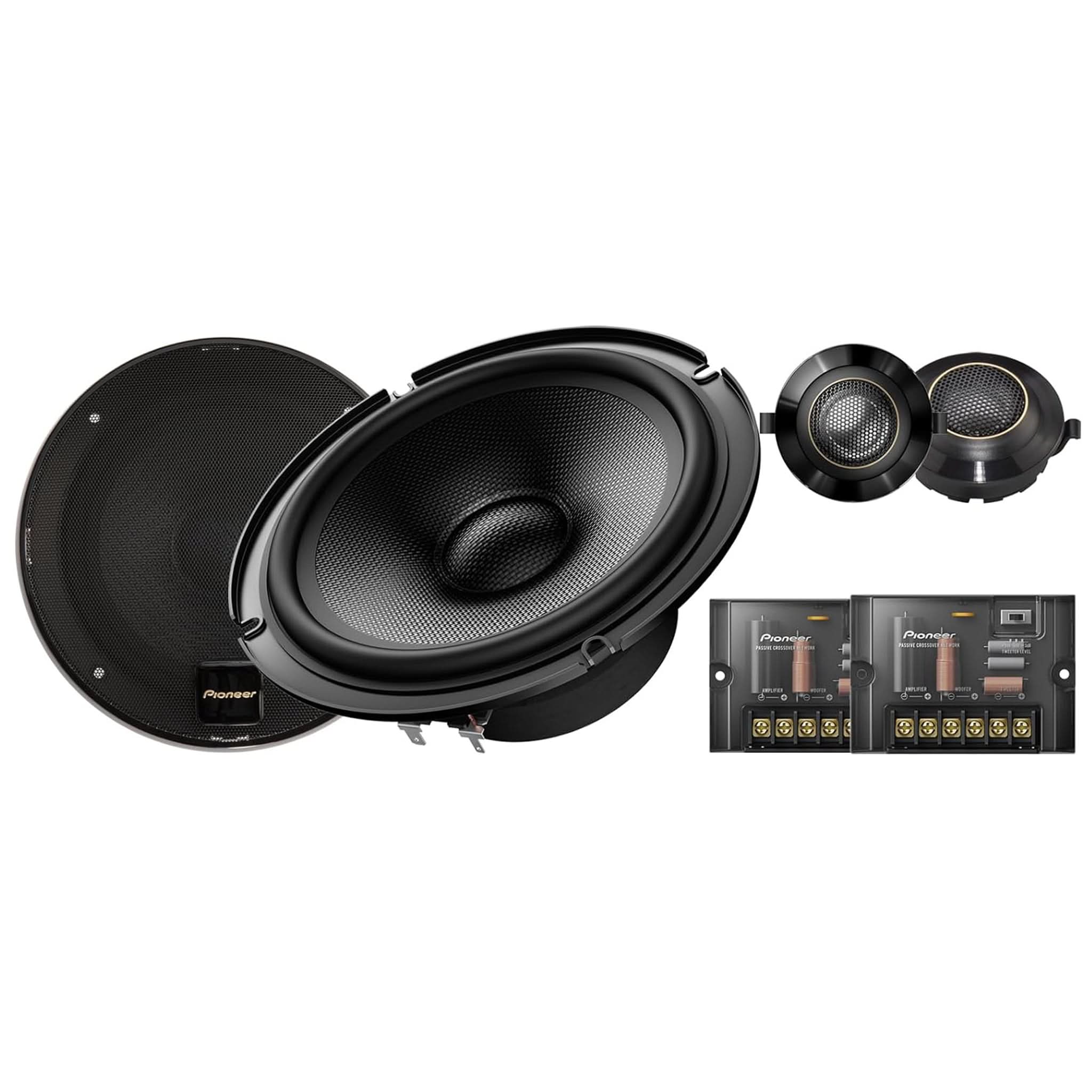 Pioneer car audio speakers and amplifier on a white background