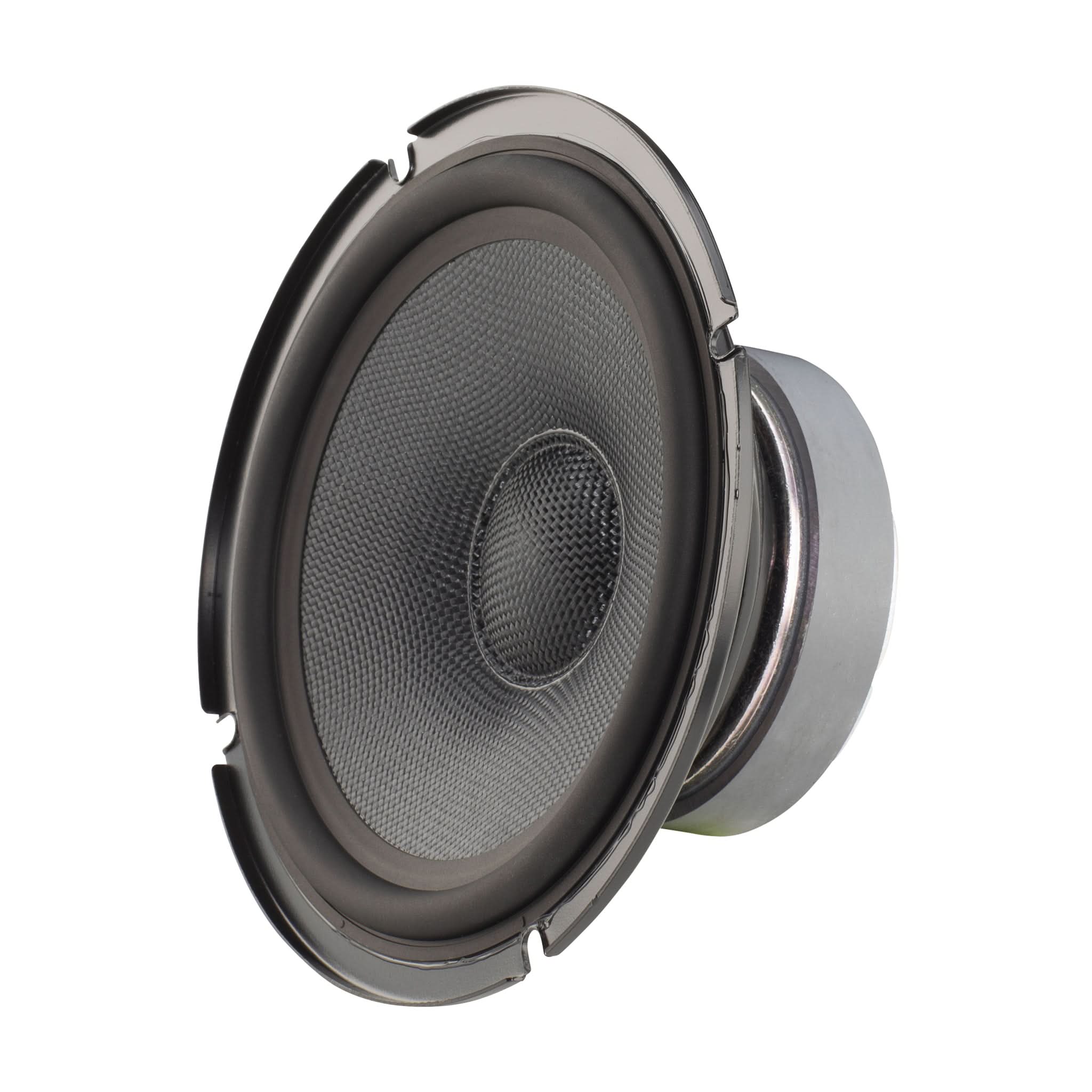 Speaker cone with metallic rim on a white background