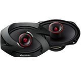 Two black Pioneer car speakers with red accents on the tweeters, shown on a plain white background.