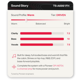 A digital product graphic for a Pioneer sound profile named 'Sound Story' (TS-A6991FH). The card is light gray with a dark gray header and features a 'Warm' sound profile with 'Driven' intensity.