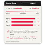 A product information card for the Pioneer TS-Z65F Sound Story system, showing a balanced sound profile with bar graphs for Clarity, Bass, and Vocals, plus descriptive text on a clean white background.