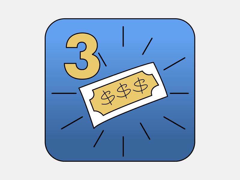 Illustration of a blue square with a yellow number '3' and a ticket with dollar signs on a white background.