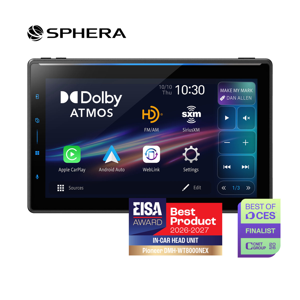 Pioneer receiver with Dolby Atmos on screen and also showcasing the two awards it has won. 