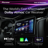 Pioneer DMH-WT8000NEX Aftermarket Dolby Atmos Car Receiver shown installed in a car dashboard, with promotional text highlighting Dolby Atmos, 10.1" touchscreen, wireless Apple Carplay & Android Auto, and immersive 3D surround sound.