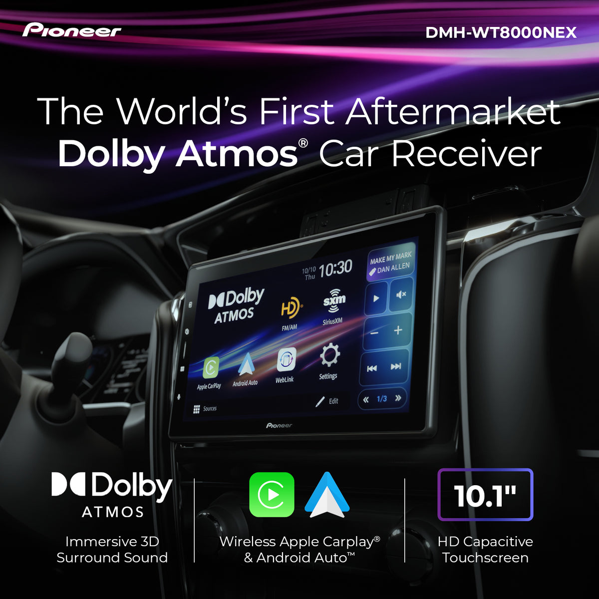 Pioneer DMH-WT8000NEX Aftermarket Dolby Atmos Car Receiver shown installed in a car dashboard, with promotional text highlighting Dolby Atmos, 10.1" touchscreen, wireless Apple Carplay & Android Auto, and immersive 3D surround sound.