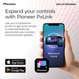 Pioneer smartphone app promotional graphic showing a hand holding a phone with the Pioneer PxLink interface displayed on the screen. Text reads 'Expand your controls with Pioneer PxLink,' with Pioneer branding, App Store and Google Play download badges, and model text DMH-WT8000NEX.