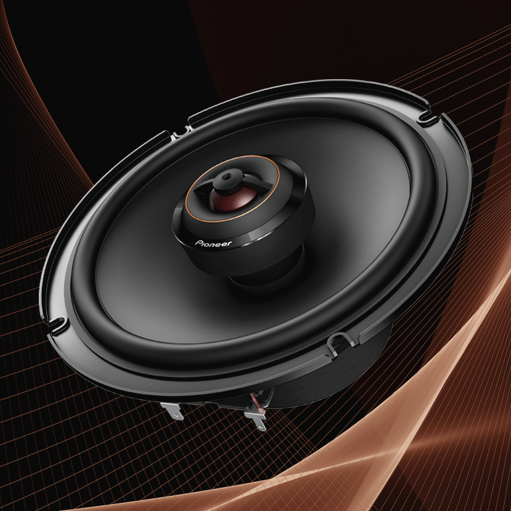 angled speaker on abstract graphic