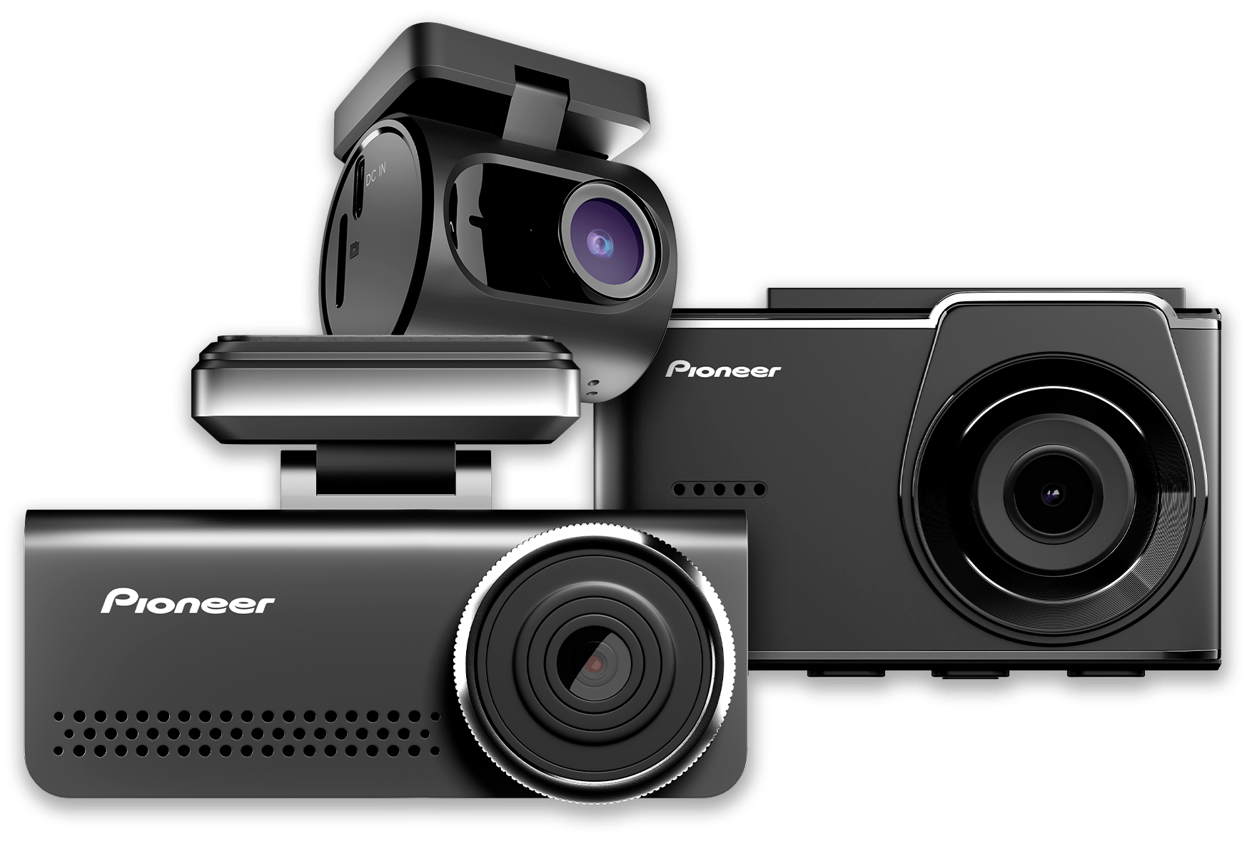Pioneer dashboard camera with dual-lens design on a transparent background