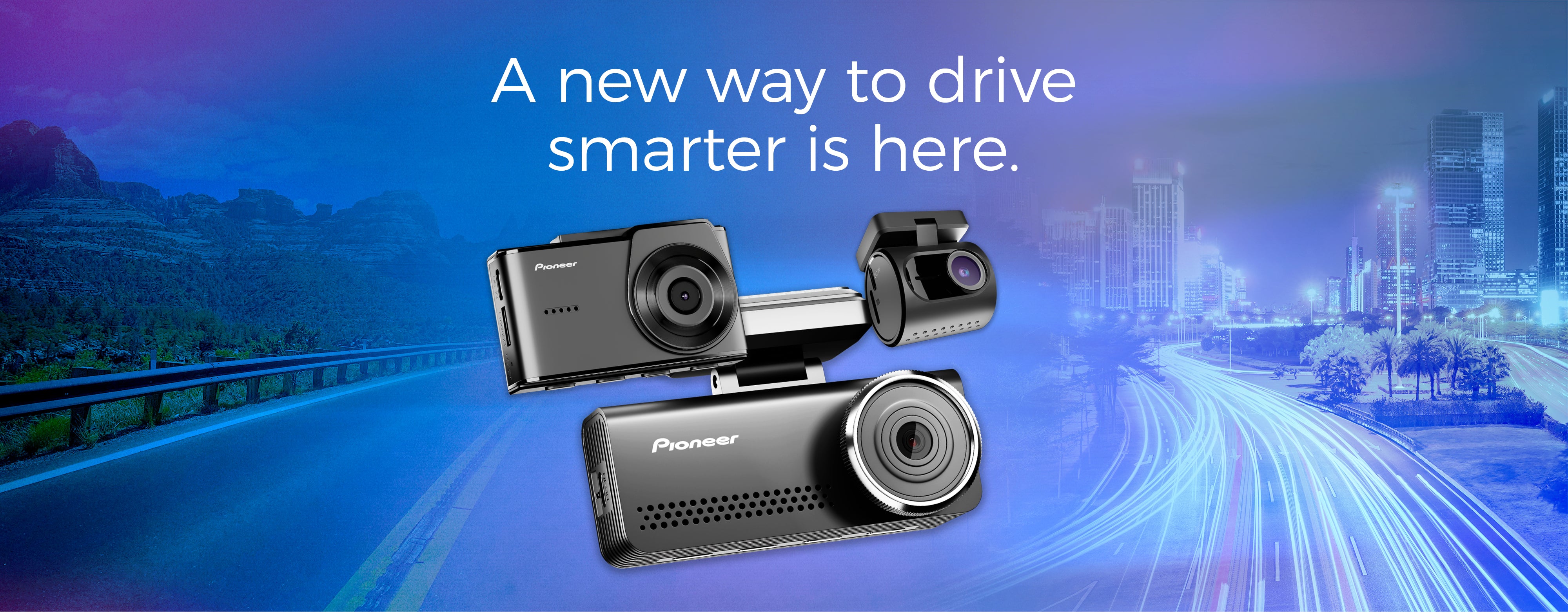 Three dashboard cameras with a scenic road and cityscape background, promoting a new driving technology.