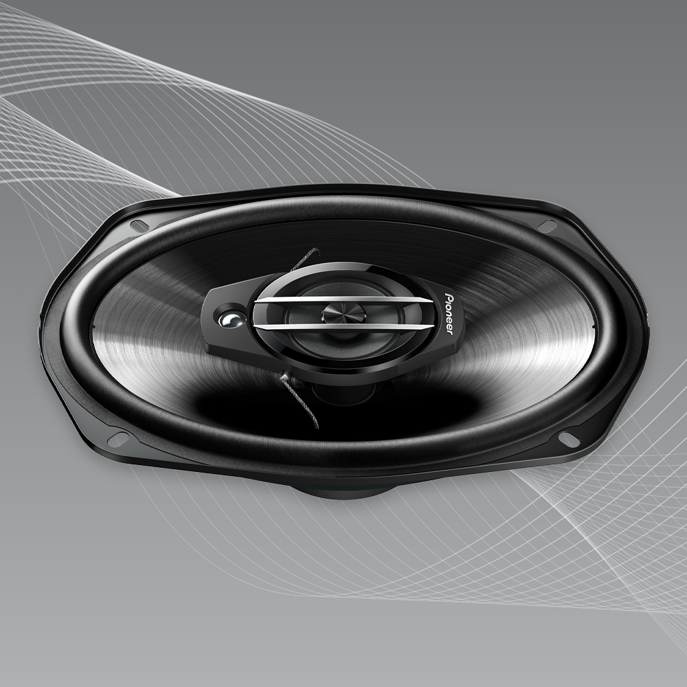 front view of speaker on gray background