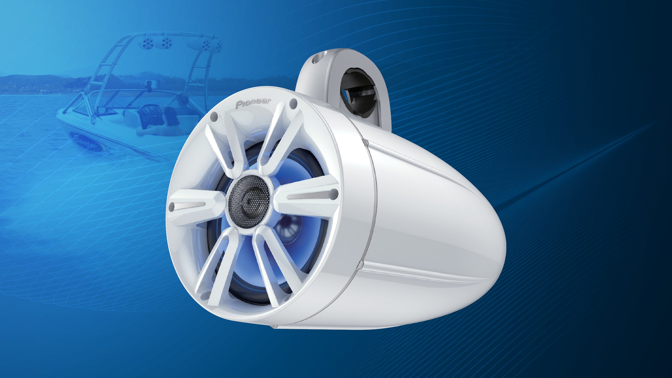 White marine speaker on a blue background with a boat in the distance.