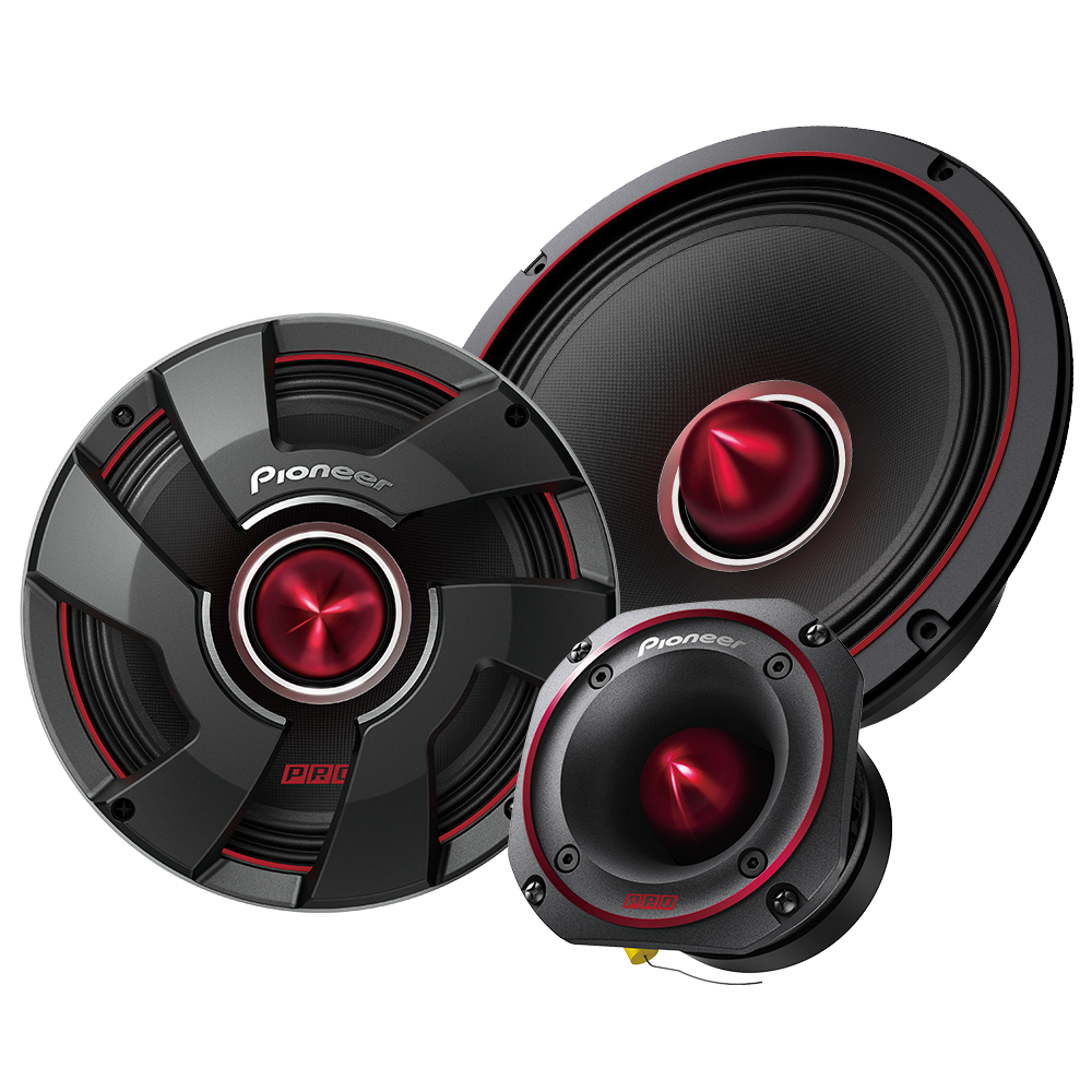 pro speaker family shot of speaker subwoofer and tweeter