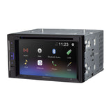 Car multimedia player with touchscreen interface on a white background