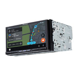 Car stereo system with navigation display on a white background