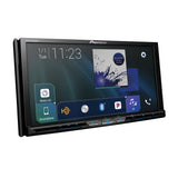 Pioneer car multimedia display with touchscreen interface on a white background