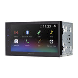 Car multimedia receiver with touchscreen display on a white background