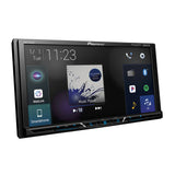 Pioneer car multimedia display with touchscreen interface on a white background