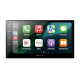 Pioneer car stereo head unit with a touchscreen display showing various media and navigation apps, set against a plain white background.