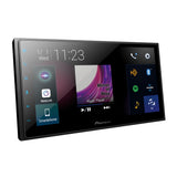 Pioneer car multimedia display with touchscreen interface on a white background