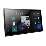Pioneer car multimedia player with touchscreen interface on a white background