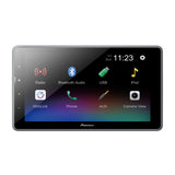 Pioneer car multimedia display with touchscreen interface on a white background