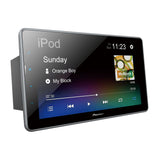 Pioneer car multimedia display with music player interface on a white background
