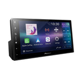 Pioneer car multimedia display with touchscreen interface on a white background