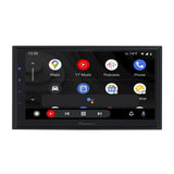Car multimedia system with touchscreen display on a white background