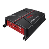 Pioneer car audio amplifier with red and black design on a white background