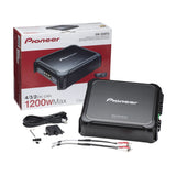 Pioneer car audio amplifier with packaging and accessories on a white background