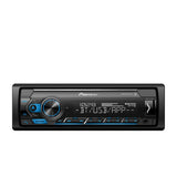 Pioneer car multimedia receiver with Bluetooth, USB, and app connectivity on a white background