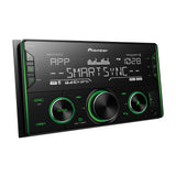 Pioneer car audio system with digital display and control knobs on a white background