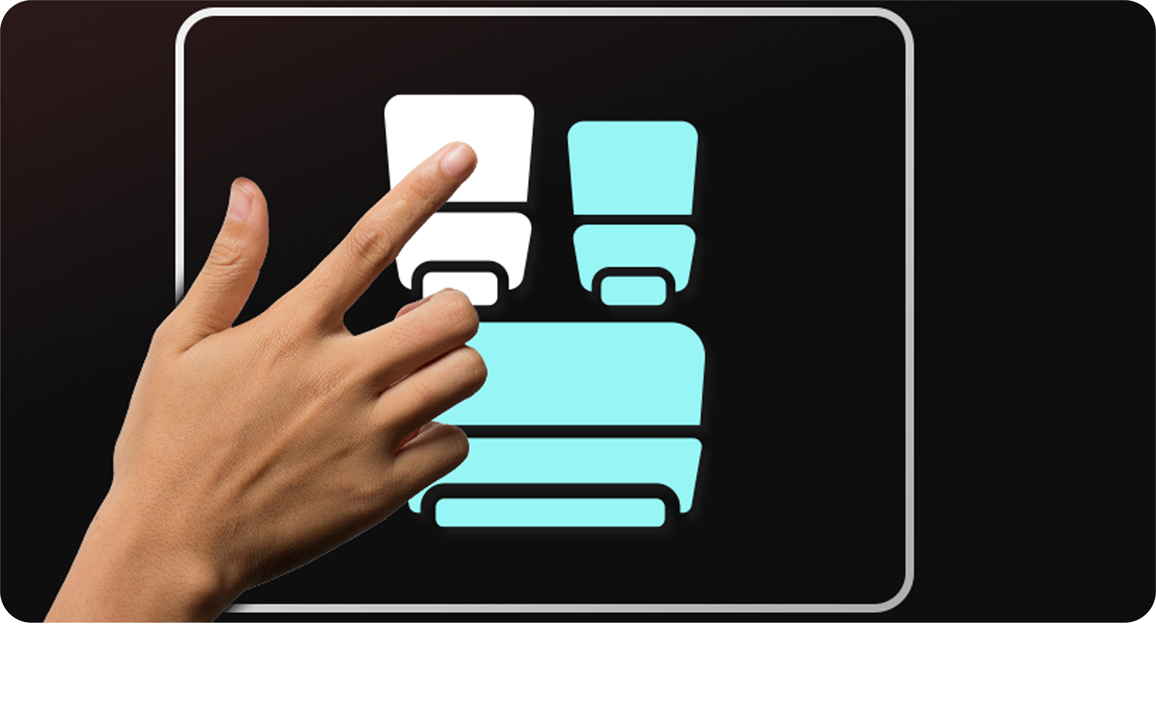 Hand interacting with a digital interface displaying airplane seats.