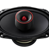Car speaker with a red center on a white background