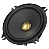 Car speaker with black cone and gold center on a white background