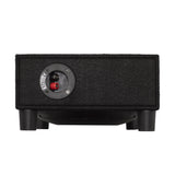 Black rectangular audio speaker with a visible brand logo on a white background